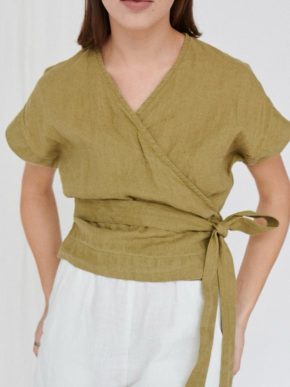 Linenfox Bonni Wrap Linen Top Olive V-Neck Size XS